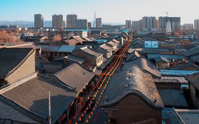 High angle view of buildings in city