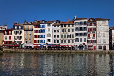 Buildings by river against blue sky