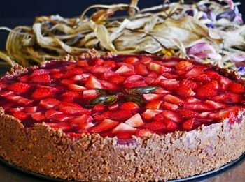 High angle view of strawberries on cake