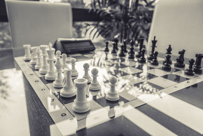 High angle view of chess board on table