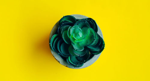 Directly above shot of ice cream over yellow background