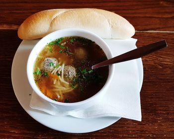 High angle view of soup in bowl on table