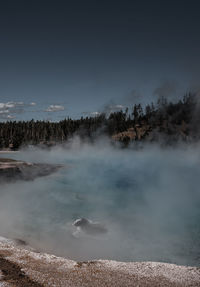 Scenic view of blue hot spring against sky