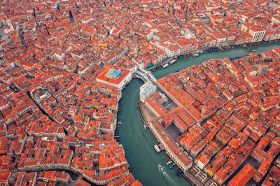 Aerial view of venice, san polo, italy. amazing city view from above on building roofs and canals.