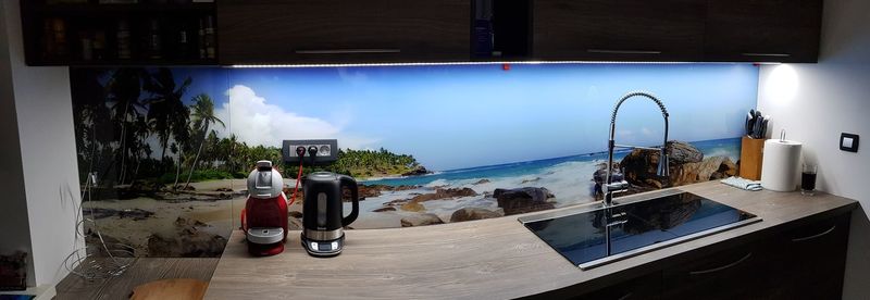 Panoramic view of swimming pool by sea