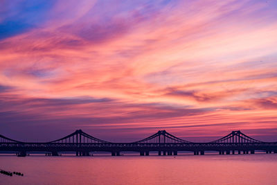 Silhouette bridge over sea against sky during sunset