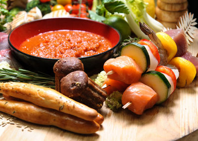 High angle view of raw food on cutting board