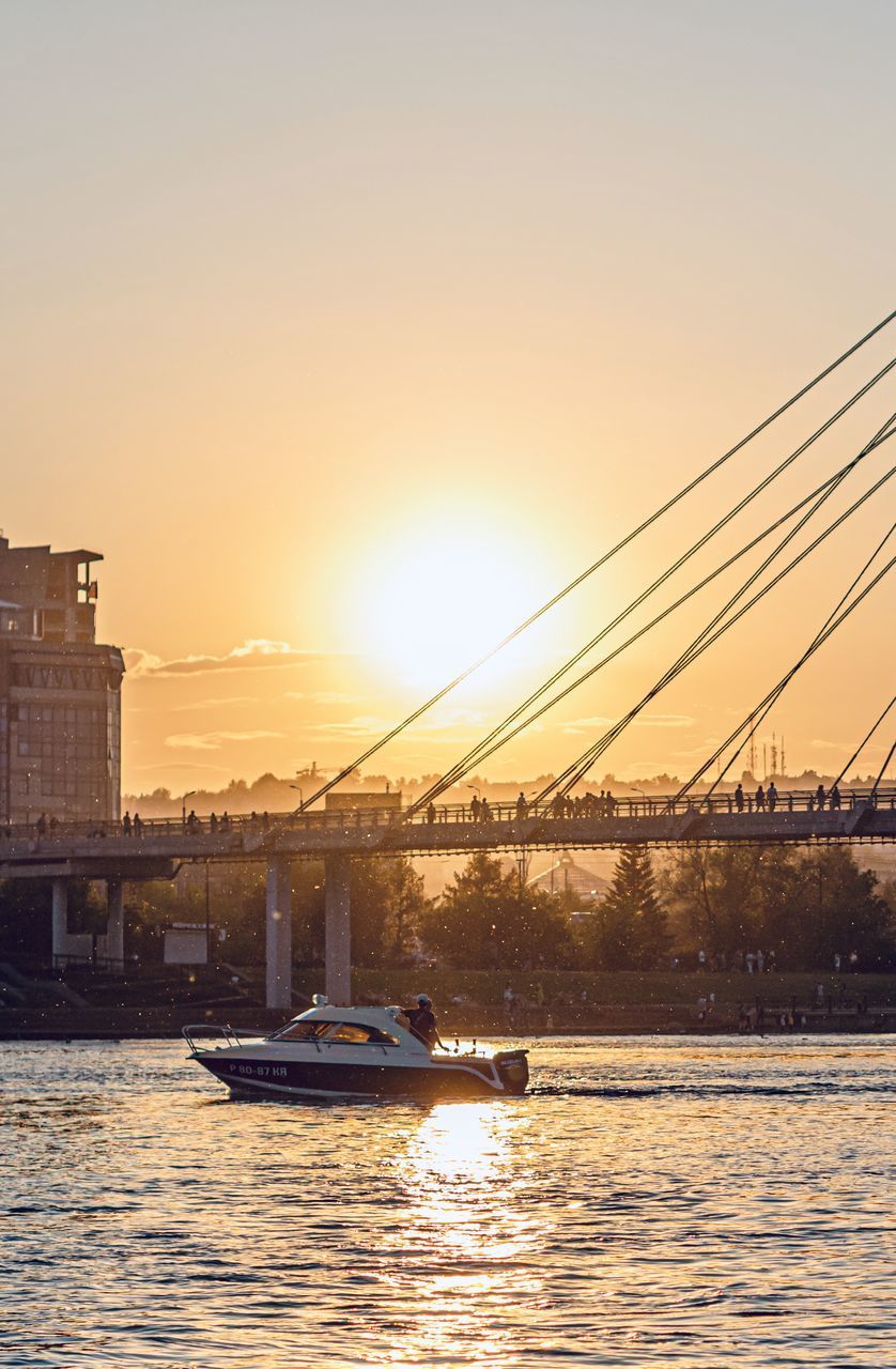 VIEW OF BRIDGE OVER RIVER AGAINST SKY AT SUNSET