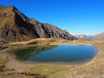 Scenic view of mountains against clear blue sky . lac de clausis, queyras
