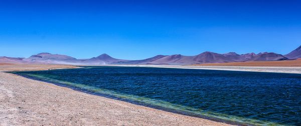 Scenic view of mountains against clear blue sky