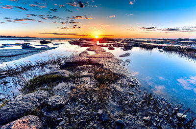 Scenic view of lake against sky during sunset