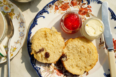 High angle view of breakfast served on table