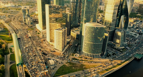 High angle view of street amidst buildings in city