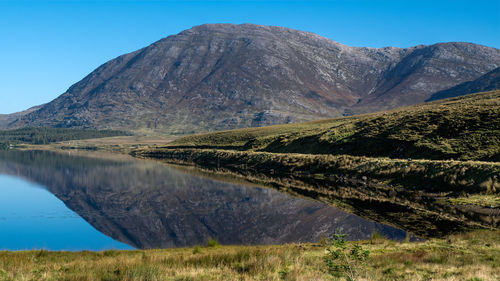 Scenic view of lake and mountains against clear sky