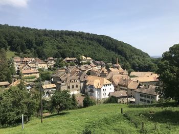Houses on field by trees against sky