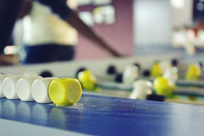 Close-up of chess pieces on table