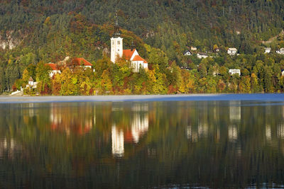 Reflection of trees and buildings on lake