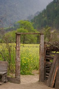 Wooden fence on field by trees