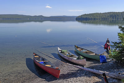 Loading canoes for adventure in shoshone lake in yellowstone national park in wyoming