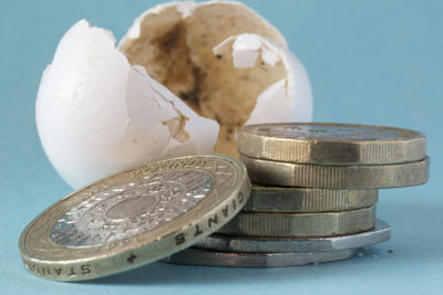 Close-up of coins on table