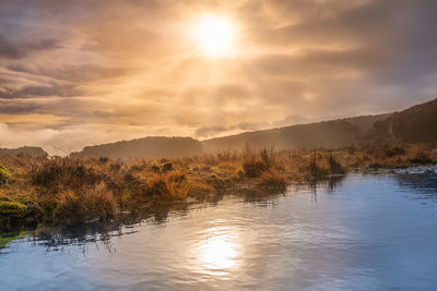 Scenic view of lake against sky during sunset