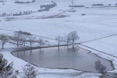 Temporary lake märzenbronnen in winter in salmendingen on the swabian alb.