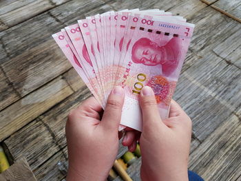 Cropped hand holding chinese paper currency