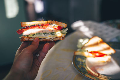 Close-up of hand holding pizza