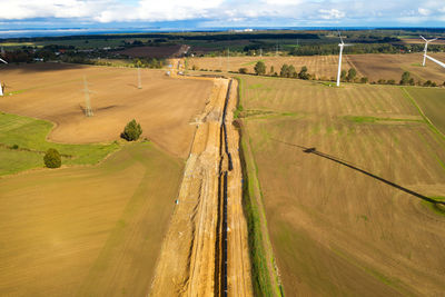 High angle view of agricultural field against sky