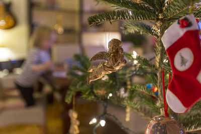 Close-up of christmas tree at night