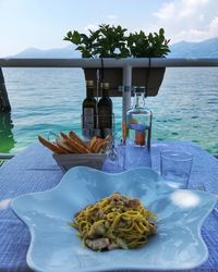 Food on table at shore against sky