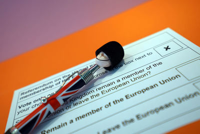 Close-up of british pen with ballot slip on table