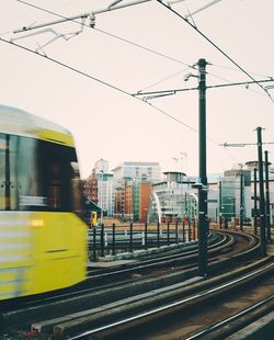 Train on railroad tracks against sky