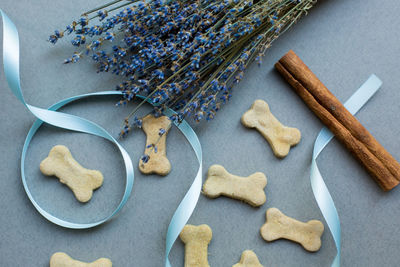 Dog biscuits with cinnamon and lavender on gray background