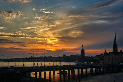 Buildings at waterfront during sunset