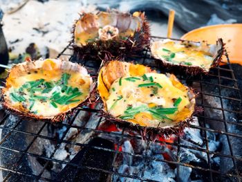 High angle view of food on barbecue grill