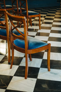 Empty chairs and table in restaurant