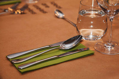 High angle view of wineglass on table