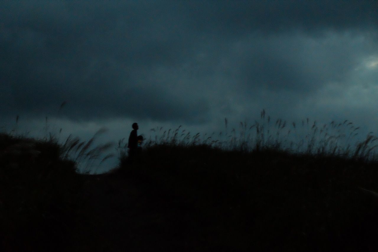 silhouette, sky, lifestyles, leisure activity, men, cloud - sky, field, landscape, nature, tranquility, standing, tranquil scene, cloudy, dusk, unrecognizable person, beauty in nature, scenics, full length