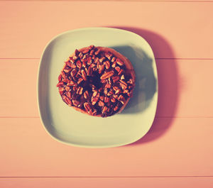 High angle view of donut in plate on table