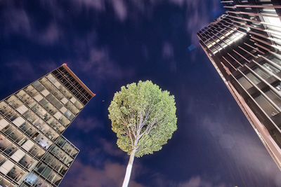 Low angle view of buildings against sky at night