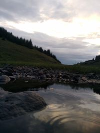 Scenic view of river against sky during sunset