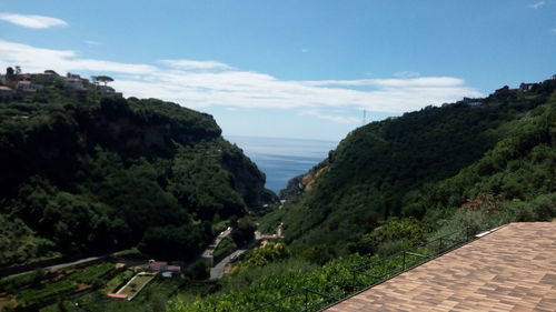 Scenic view of sea and mountains against sky