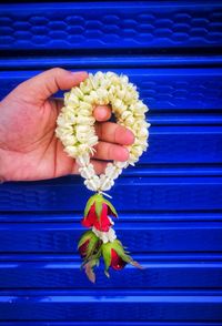 Close-up of hand holding floral garland 