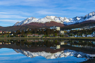 Scenic view of lake and snowcapped mountains against sky