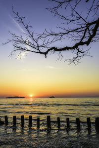 Scenic view of sea against clear sky at sunset