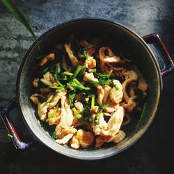 High angle view of food in bowl on table