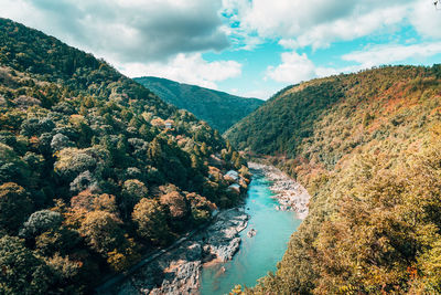 High angle view of river amidst mountains against sky