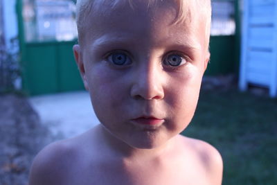 Portrait of shirtless boy at backyard