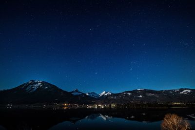 Scenic view of mountains against blue sky at night